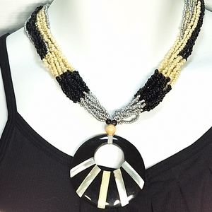 Vintage Multi Strand Bead Ebony Mother of Pearl MOP Pendant Necklace